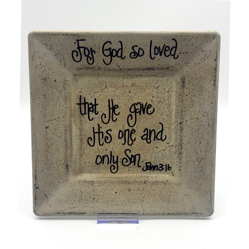 John 3:16 Scripture Square Decorative Plate Rustic Beige Stone Look 10.5 Inch